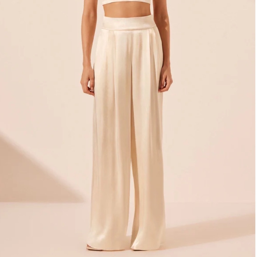 SHONA JOY La Lune Tuxedo Trouser Wide Leg In‎ Cream Satin Size 10 NWT